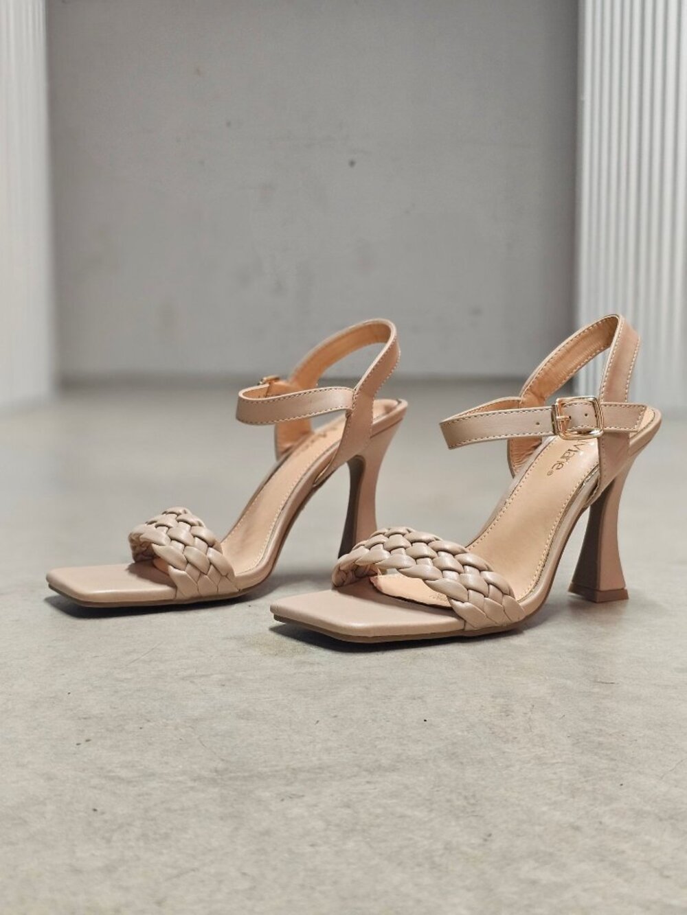 Braided Nude Heeled Sandals With Square Toe Design & Adjustable Ankle Strap - Picture 9 of 14
